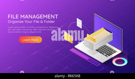3d isometric web banner laptop transfer file and organize folder in the monitor. File transfer and data management concept landing page. Stock Vector