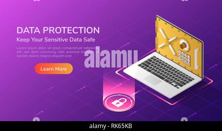 3d isometric web banner laptop with full option security system and vault door on the screen. Personal data security concept landing page. Stock Vector