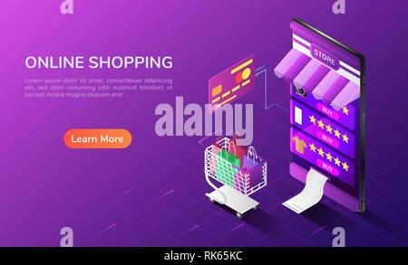3d isometric web banner online shopping system in the smartphone with cart and credit card. Online shopping concept landing page. Stock Vector