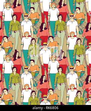 People with disabilities big group color seamless pattern Stock Vector