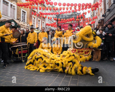 London, UK. 09th Feb, 2019. 'Dragon' performs in a street as part of the Chinese New Year celebrations in Chinatown, London, UK. Credit: escapetheofficejob/Alamy Live News Stock Photo
