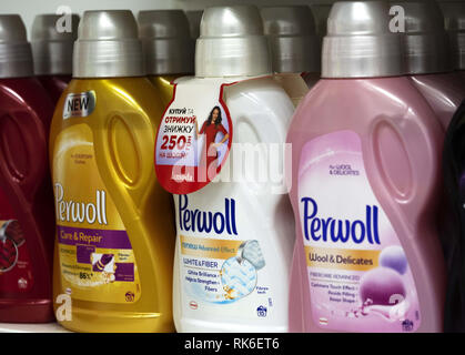 Kiev, Ukraine. 9th Feb, 2019. Perwoll liquid laundry detergent bottles seen in the store. Credit: Igor Golovniov/SOPA Images/ZUMA Wire/Alamy Live News Stock Photo