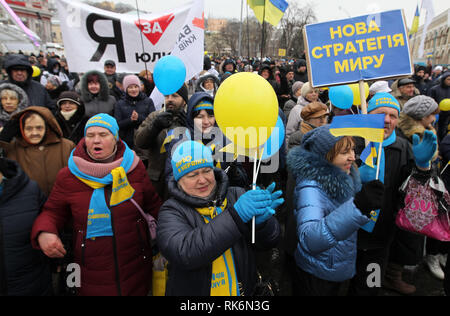 Kiev, Ukraine. 9th Feb 2019. Ukrainian presidential candidate Yulia Tymoshenko (not seen) supporters are seen attending the meeting as part of Tymoshenko election campaign in Kiev. Ukrainian presidential elections will take place in Ukraine on 31 March, 2019. Credit: SOPA Images Limited/Alamy Live News Stock Photo