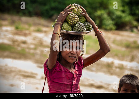 Girls selling fruits on Roadside in Rajasthan, India Stock Photo