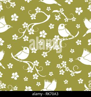 Seamless pattern with sakura branches, birds. Japan nature. Branches of cherry blossoms. Design for card, announcement, advertisement, banner or print Stock Vector