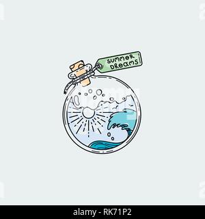 Vintage illustration of thin line magic bottle with summer dreams. Vector graphic design logo, print, label, badge, sticker, emblem, sign, identity. Stock Vector