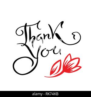 Old style lettering, Calligraphy. Thank You with hand drawn red vector tulip. Logo for spa salon or flower shop Stock Vector