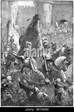 1888 Victorian engraving 'The Victors' Return' drawn for the Boys' Own paper by J. H. Walker. Knights and soldiers triumphantly enter a castle or walled city while crowds of people great them. Stock Photo