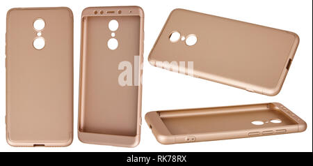 Plastic golden case for smartphone isolated on white background. Set of blank smartphone case. Stock Photo