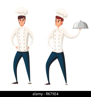 Young chef. Two men. Flat vector illustration isolated on white background. Cartoon character design. Smiling man, chef holding silver platter. Stock Vector