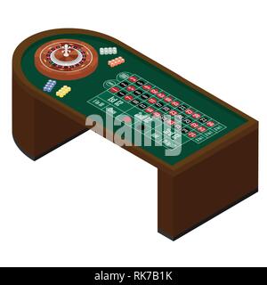 Isometric american roulette table with roulette wheel and ball, different colors chips vector illustration. Gambling game Stock Vector