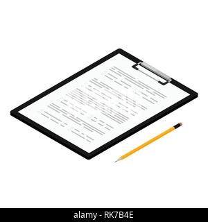 Vector illustration isometric test, exam paper on clipboard and pencil. Exam, or survey concept icon. School test. School exam. Stock Vector