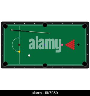 Vector illustration realistic snooker table with set of balls and cue. Billiard table with green cloth top view Stock Vector