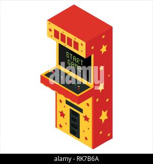 Vector isometric retro arcade game machine. Gaming machine with text start game icon Stock Vector