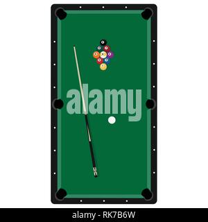 Vector illustration realistic pool table with set of billiard balls and cue. Billiard table with green cloth top view Stock Vector