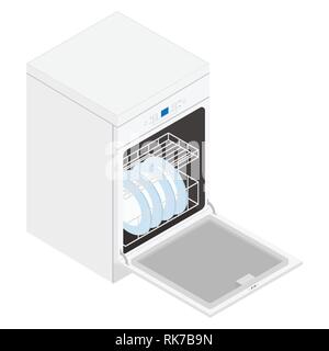 Vector isometric modern dishwasher isolated on white background. Open dishwasher with clean dishes Stock Vector