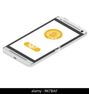 Smartphone with Bitcoin chart on-screen among piles of Bitcoins. Bitcoin trading concept. Stock Vector