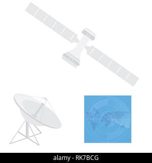 Vector illustration communication satellite icon with solar cells, battery. Satellite dish antenna. Radar with targets on monitor Stock Vector
