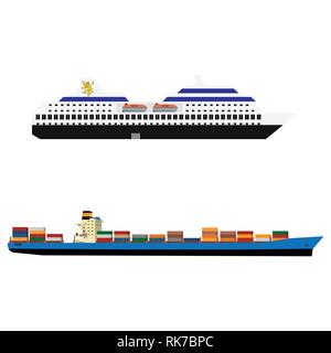 Set of sea boats, ships  flat vector icons. Illustration of water transport cruise and cargo ship Stock Vector