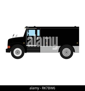 Black armored truck side view. Utility security van vehicle. Vector isolated illustration. Stock Vector