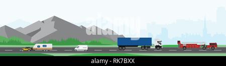 Urban landscape with large modern buildings and suburb with mountains and hills. Street, highway with cars. Concept city and suburban life. Stock Vector