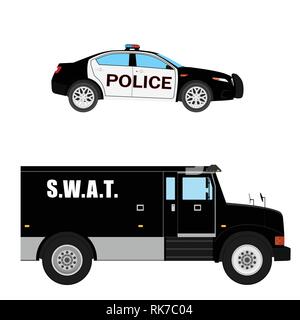 Vector illustration. Swat vehicle and police car realistic hi- detailed isolated on white background. Armored transport Stock Vector