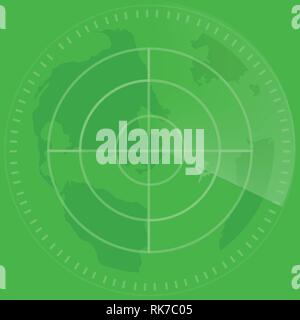 Abstract digital radar screen with world map and targets green ...