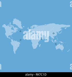 Airplane flight route on world map with dotted line path and location pin. Vector illustration. Stock Vector