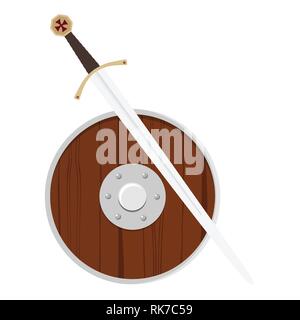 Sharp metal sword with wooden hilt pointing upwards on white background ...