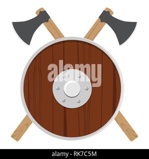 Vector illustration wooden viking shield and two crossed axes isolated on white background. Round ancient shield Stock Vector