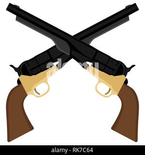 Vector illustration two crossed revolver gun isolated on white. Retro, old weapon Stock Vector