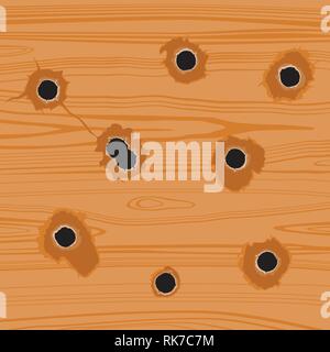 Set bullet holes. Isolated on wooden background. Vector illustration, eps 10. Stock Vector