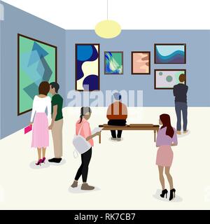 Visit gallery, woman looking at modern painting, art gallery wall, art exhibition event. Vector museum gallery, art abstract exposition illustration Stock Vector