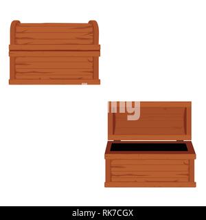 Vector set of icons with cartoon closed and opened brown wooden pirate chests  on white background Stock Vector