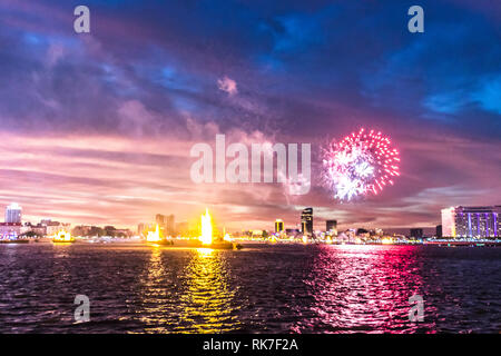 Phnom Penh water festival at Tonie Sap river goes on for 3 days. popular with locals and tourist each night it finishes off with a firework display Stock Photo