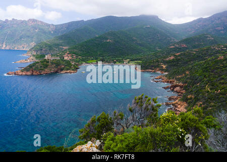 Girolata, Corse-du-Sud, Corsica, France. The rugged red cliffs of Punta ...