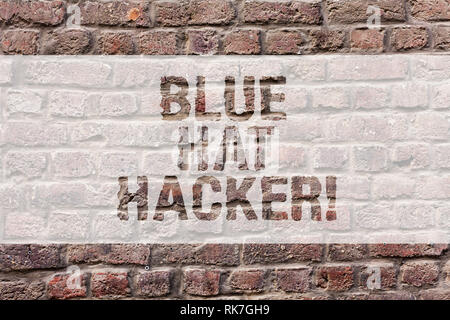 Word writing text Blue Hat Hacker. Business concept for Person consulting firms who bug system prior to its launch Brick Wall art like Graffiti motiva Stock Photo