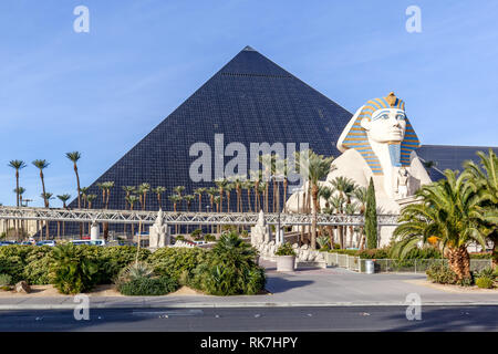 LAS VEGAS, NEVADA, USA - JANUARY 1ST, 2018: Sign of Luxor in 2018. Luxor is a hotel and casino situated on the southern end of the Las Vegas Strip in Stock Photo