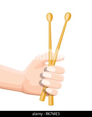 Hand holding wooden drumsticks. Musical instrument for drum. Flat vector illustration isolated on white background. Stock Vector