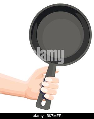 Hand holding empty black frying pan. Flat vector illustration isolated on white background. Stock Vector