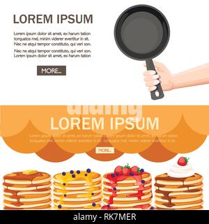 Hand holding empty black frying pan. Four pancakes with different toppings. Flat vector illustration isolated on white background. Stock Vector