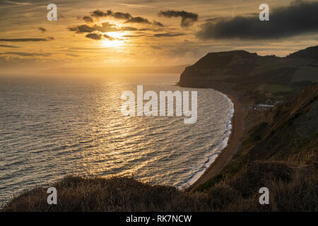 Seatown and The Golden Cap in Dorset au sunset. Stock Photo