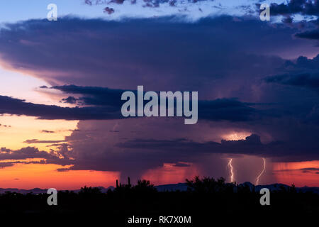 Scenic desert landscape with sunset sky and monsoon thunderstorm lightning bolts near Gila Bend, Arizona, USA Stock Photo