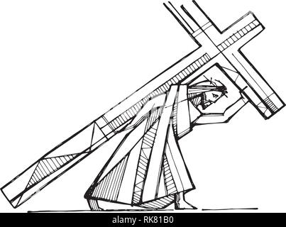 Hand drawn vector illustration or drawing of Jesus Christ carrying the Cross Stock Vector
