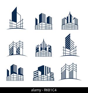 Building construction logo bundle, Various forms and models of buildings with scaffolding, suitable for construction or real estate logos. Stock Photo