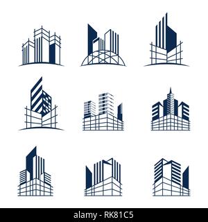 Building construction logo bundle, Various forms and models of buildings with scaffolding, suitable for construction or real estate logos. Stock Photo