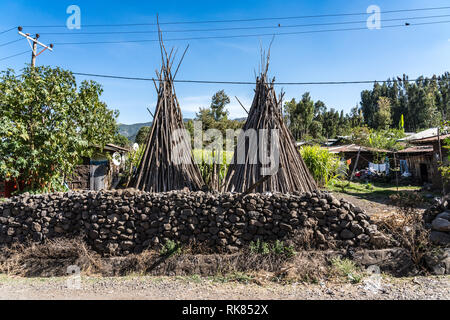 Africa, northern Ethiopia, Lalibela, Hut with a pile of drying cow dung ...