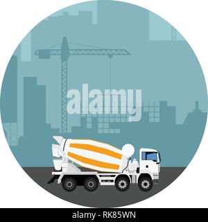 Abstract Industrial Skyline. Concrete cement truck. Mixet truck and cement factory. Panoramic Industrial Construction landscape silhouette. Vector ill Stock Vector