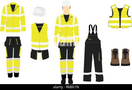 Man worker in uniform. Professional protective clothes, boots and  safety helmet. Various turns man's figure. Front view, side and back view. Stock Vector