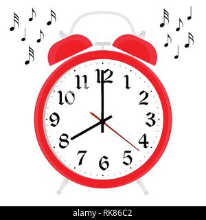 Vector illustration red retro alarm clock with music notes  isolated on white background. Wake up time Stock Vector